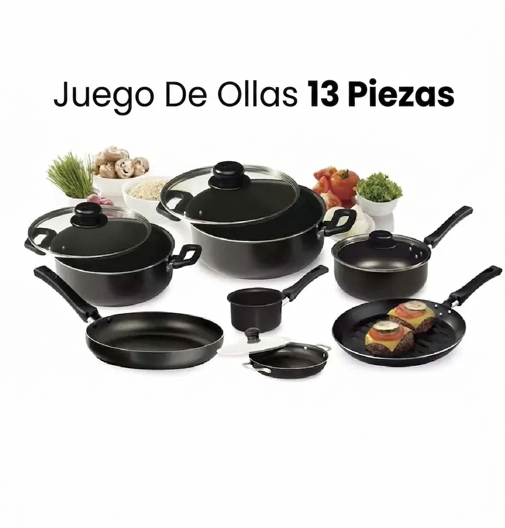🔥 MÁS DE 5.000 UNIDADES VENDIDAS EN COLOMBIA 🔥: Juego De Ollas Universal 13 Piezas Antiadherente Color Negro 🍲🍚